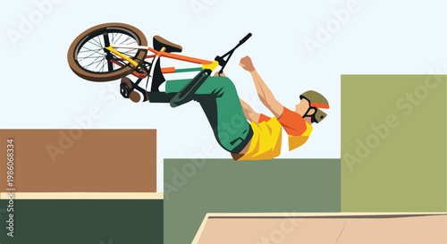 An illustration of a BMX rider performing a high jump trick over urban blocks