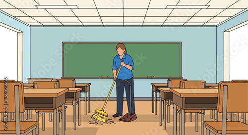 A person sweeps the floor of an empty classroom with a broom and a dustpan
