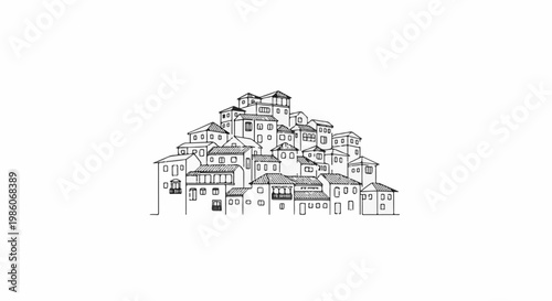 A charming hand-drawn sketch of a densely packed cluster of quaint hillside homes