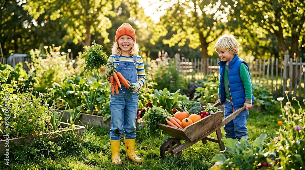 Fototapeta premium A smiling child in overalls holds a bunch of fresh carrots from a garden, while another child pushes a wheelbarrow of vegetables.