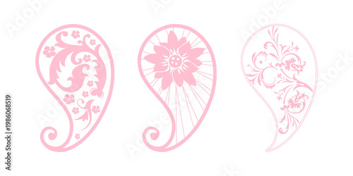 Pink paisley designs with floral patterns on transparent background