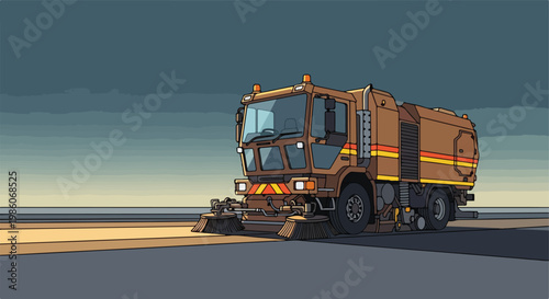 A brown street sweeper vehicle cleans an asphalt road during a cloudy evening