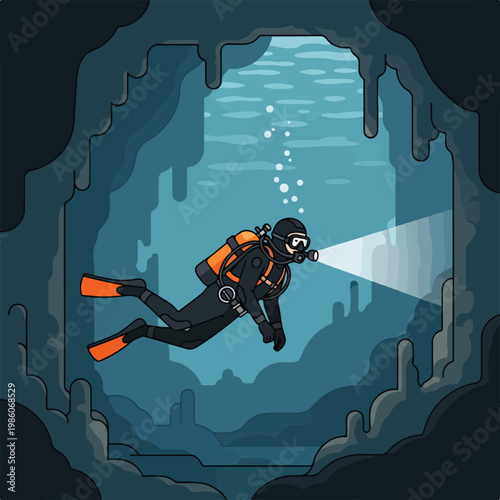 A scuba diver with a flashlight exploring a dark underwater cave with stalactites