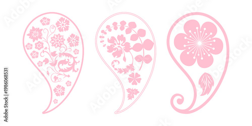 Pink floral leaf designs with cherry blossom and flower patterns isolated on transparent background