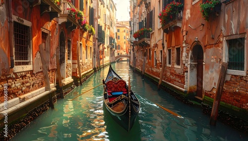 A serene gondola ride through a narrow, historic Venetian canal