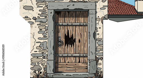 Weathered wooden door with a hole, set in a stone wall