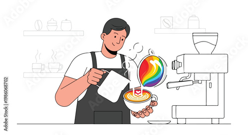 A male barista pouring steamed milk into a cup to create colorful latte art