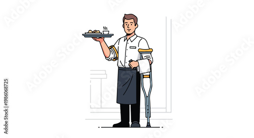 A waiter wearing an apron stands with crutches, holding a tray of hot food items