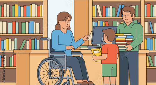 A woman in a wheelchair works at a library desk assisting a boy and his father