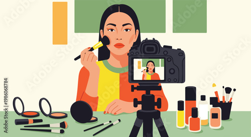 A woman applying makeup while filming a tutorial for her online video channel