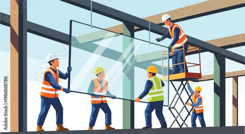 Construction workers installing large glass panels into a steel building frame