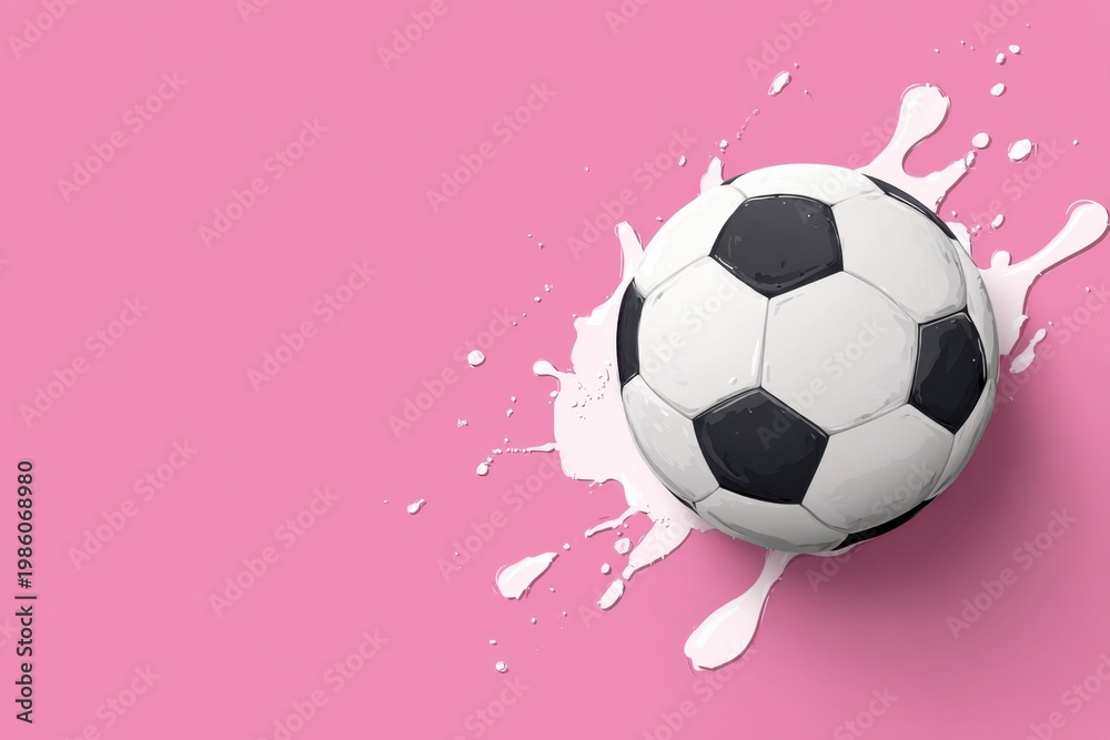 Naklejka premium A classic black and white soccer ball rests on a vibrant pink backdrop, marked by energetic white paint splatters.