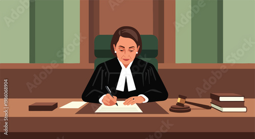 A female judge in a black robe sits at a desk writing in a courtroom chamber