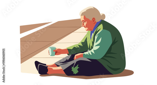 An elderly woman sitting on the sidewalk holding a cup, begging for assistance