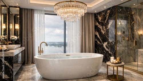  Luxurious bathroom design featuring marble, gold, and stunning views.