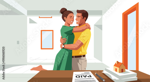 A happy couple embraces in a bright room with a paid mortgage document present