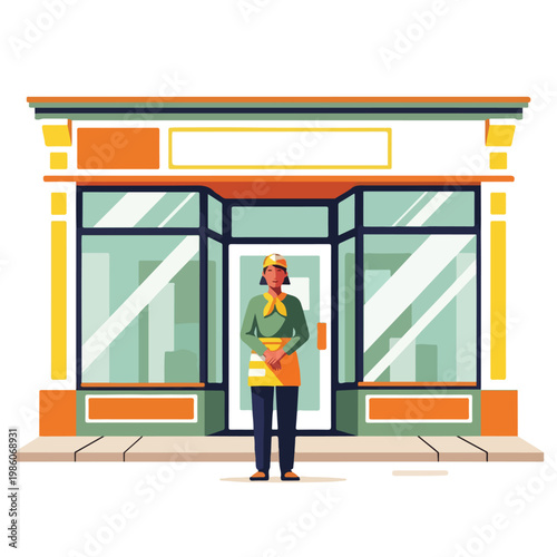 A professional shop assistant wearing an apron stands before a modern storefront