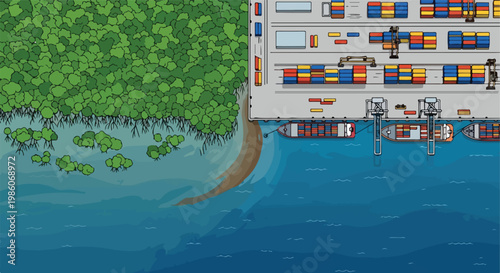 Aerial view of a cargo shipping port terminal located beside a lush green forest