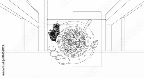 Top-down line drawing of a bowl of oatmeal with berries and a spoon