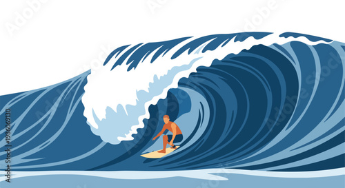 A stylized illustration of a lone surfer riding inside a large, curling blue wave