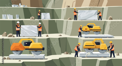 Workers in hard hats and vests cut and move large stone slabs in a quarry site