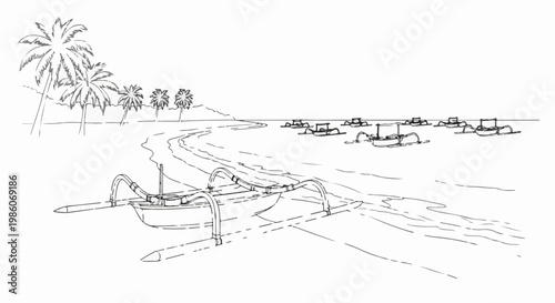 Tropical beach scene with outrigger canoes and palm trees