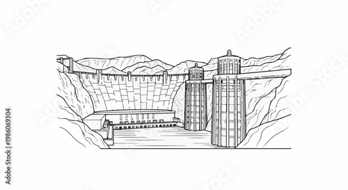 A detailed line drawing of a large concrete dam with surrounding hills