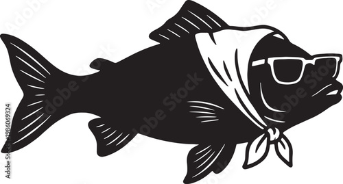 Stylized silhouette of a fish wearing sunglasses and a bandana tied around its head
