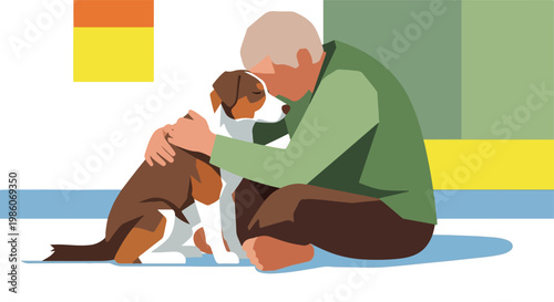 An elderly man sits on the floor embracing his brown and white pet dog indoors