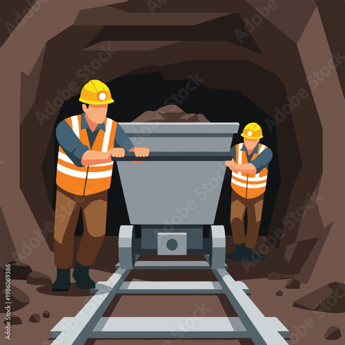 Two miners in safety gear push a cart filled with ore along tracks in a tunnel