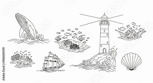 Whale leaping, lighthouse, sailing ship, coral reefs, and seashell, all on white