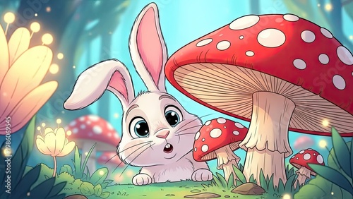 A cartoon rabbit stands next to a large red mushroom with white spots in a whimsical forest scene