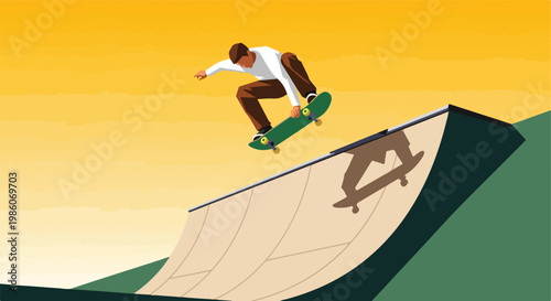 A flat illustration of a male skateboarder performing a jump on a curved ramp