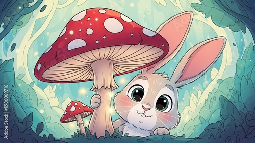 A cartoon rabbit peeks out from behind a large red mushroom with white spots in a whimsical forest setting.