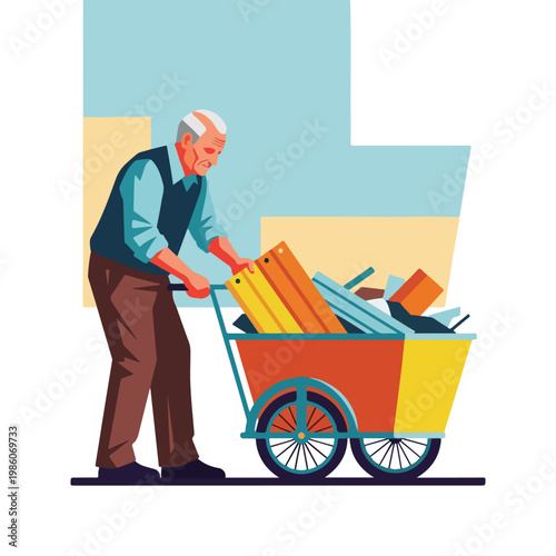 An elderly man pushing a small handcart filled with various collected materials