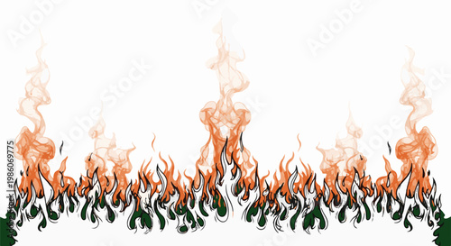 Stylized border of flames with orange, white, and dark green hues
