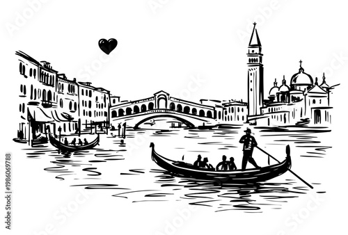 Venice canal with gondola in vintage sketch style. Romantic city scene with bridge and buildings. Vector black ink illustration, travel and tourism concept for design or postcards.