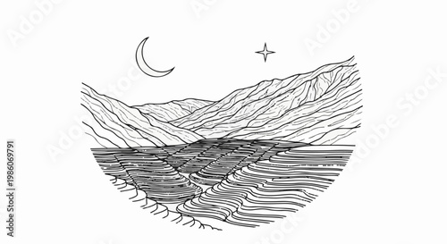 Stylized line art depicts terraced fields under a crescent moon and star