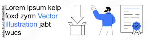 Digital processes, workflow management, certifications, e-commerce, delivery systems, graphic design. Person gesturing to icons of a box, arrow and certificate. Digital processes and certifications