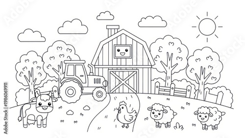 Cute Farm Scene Coloring Page with Tractor Barn Animals and Sun