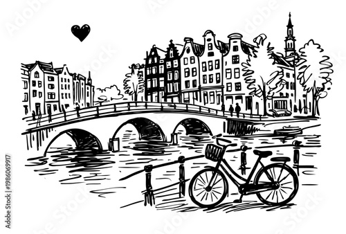 European canal with bridge and bicycle in romantic sketch style. Old town architecture scene. Vector black ink illustration, travel and lifestyle concept for postcards or design.