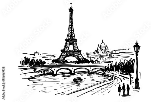 Eiffel Tower with bridge and river in Paris scene. Elegant vintage line art composition. Vector black ink illustration, travel and romance concept for posters or branding.