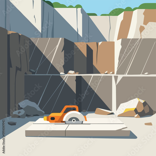 A circular saw sits on a stone slab inside a large, deep open-pit rock quarry