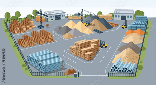 Industrial storage yard featuring piles of timber, construction pipes and material