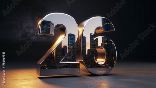 3D Chrome Number 26 Reflecting Cityscape at Dusk