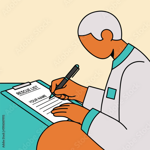 A healthcare worker in a lab coat writes on a clipboard d rescue list