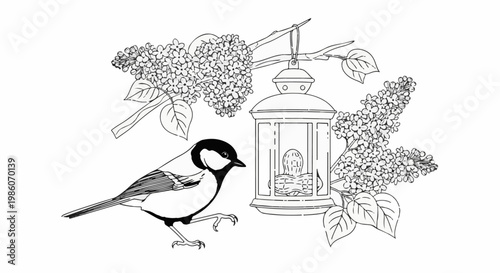 A bird perched near a lantern and blooming lilacs
