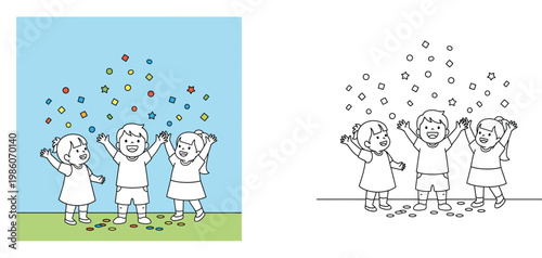 Happy group of children throwing colorful confetti and celebrating, coloring book page for kids and color illustration set for party or holiday theme vector art.