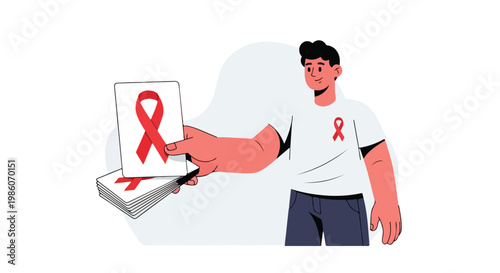 A man holds a stack of white cards with red awareness ribbons printed on them