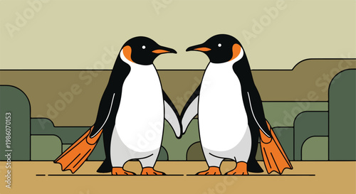 Two cute emperor penguins standing side by side in a minimalist illustration style